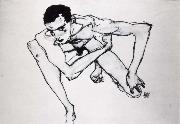 Egon Schiele Self Portrait in crouching position oil